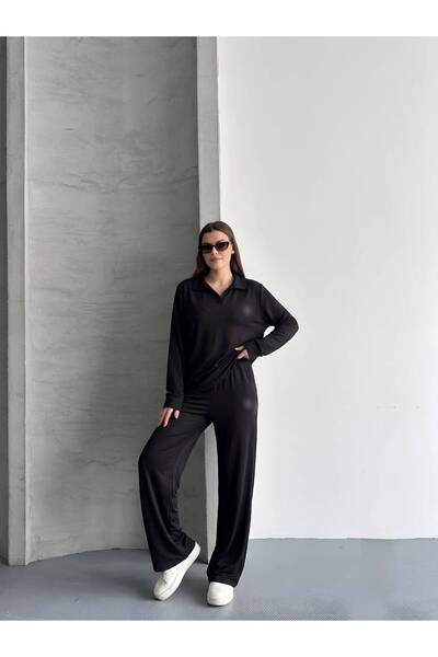 mylunessa Set de trening din modal cu mânecă lungă, negru, cu guler polo