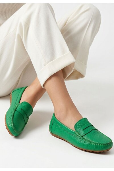 DMR Elegance Varli Green Genuine Leather Ballerina Shoes
