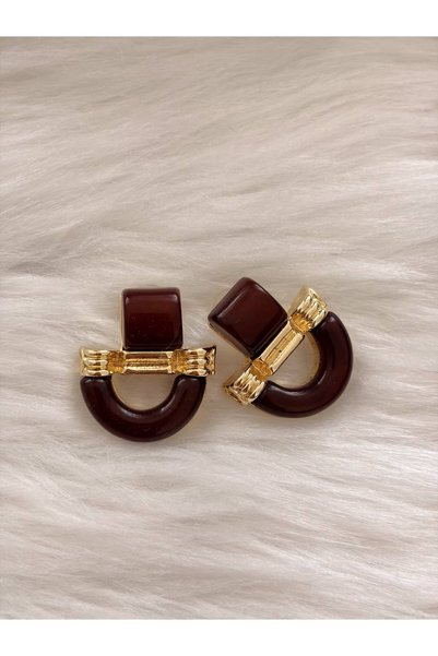LENORE Retro Geometrik Kahverengi Halka Tasarım Gold Detaylı Kadın Küpe