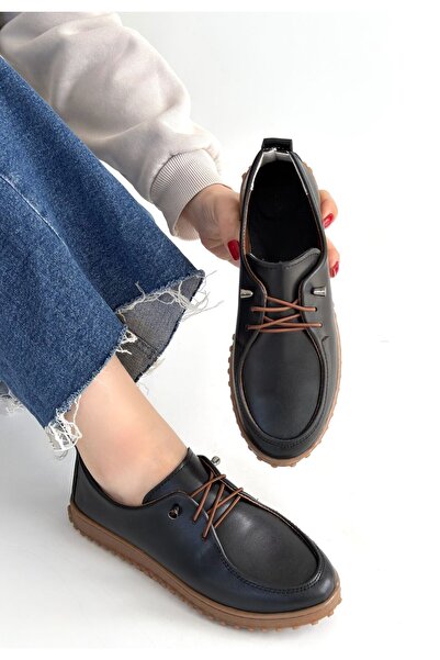 ALFA AKSESUAR 03 Guot Black Leather Lace-Up Ballerina Shoes