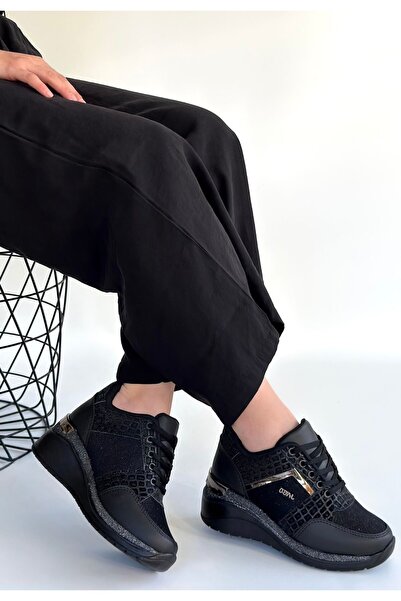 ALFA AKSESUAR 03 Geja Black Leather Lace-Up Sports Shoes