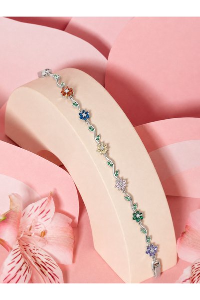 Noveria Studio Bloom Collection Flores Colorful Stone Silver Steel Flower Bra...