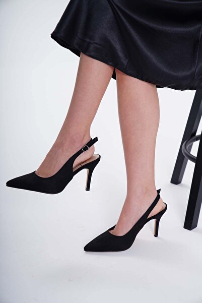 golden heel 8.5 cm Black Suede Open Back Women's Thin Heel Stiletto Shoes