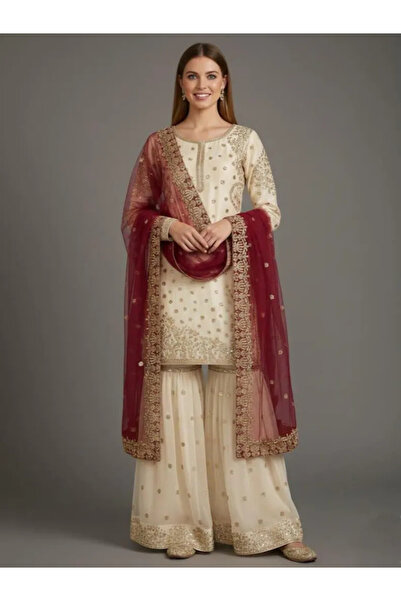 MYSMAR Maroon Fendy Silk Embroidered Sharara Set - HRT8527-Maroon-Size:2XL-44...
