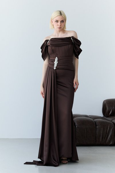 Serica Moda Brown Boat Neck Stone Embroidered Drapeli Long Evening Dress