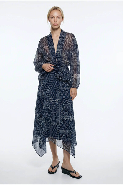 Quzu Asymmetrical Midi Navy Blue Women's Skirt Etk02129