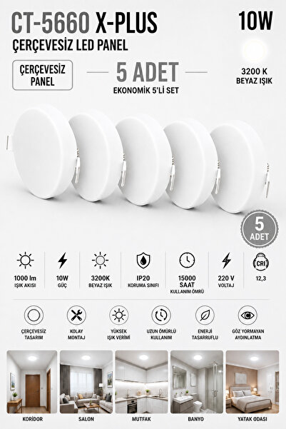 Yenilig 5 Adet CT-5660 X-PLUS 10W Beyaz Işık 6400K LED Panel Sıva Altı Yuvarl...