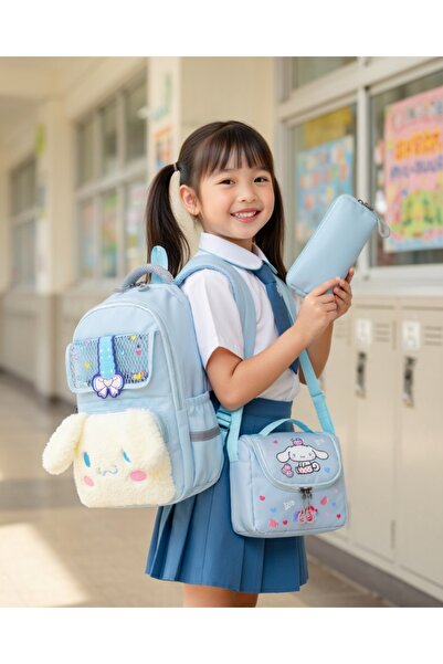 KY A+ Kalite Kız Cinnamoroll Mavi İlkokul Ortopedik 3'lü Set Kalemlik Folyolu...