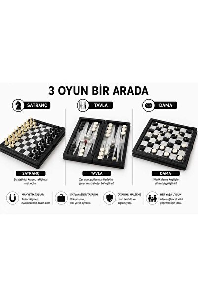 Genel Markalar 25x25 cm Manyetik 3'ü 1 Arada Satranç Tavla Dama Oyun Seti Kat...