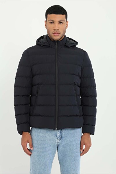 Dufy Men's Slim Fit Hooded Navy Blue Coat