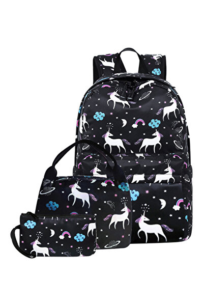 HALAMODO Polyester Unicorns Print Zipper Kids Backpack Set Black