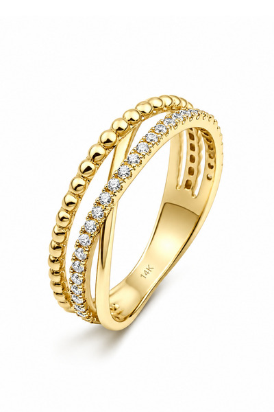 KAIROS JEWELRY 14 Ayar Altın Üçlü Çapraz Taşlı Yüzük