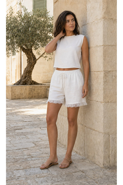 Rokka Moda Sleeveless Crop Tulle Detailed Linen Shorts Set
