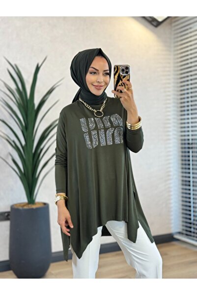 ALANURMODA 24277 تونيك كاكي مزين بالأحجار من الأمام