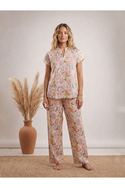 Mish By Styli Beige Floral Printed Nightwear Top With Matching Pants
