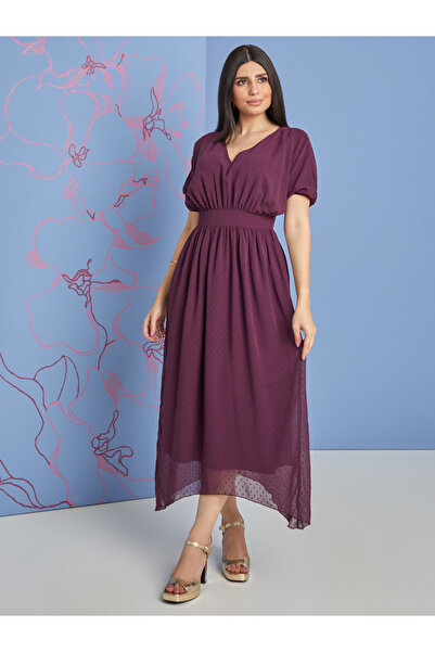 Styli Short Sleeves V Neck Dobby A-Line Maxi Dress