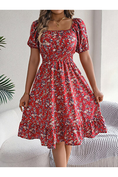 Take Two By Styli Red Floral Square Neck A-Line Knee Length Dress