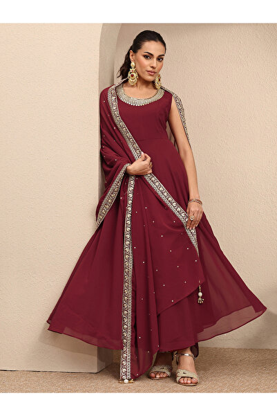 Libas By Styli Maroon Embellished Georgette Anarkali Kurta with Trouser and D...