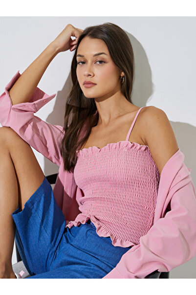 Styli Pink Solid Longline Oversized Shirt with Smocked Top