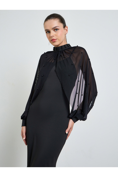 Take Two By Styli Black Sleeveless Maxi Dress and Beads Embellished Sheer Blo...