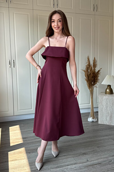 Dilay Gökoğlu Butik Burgundy Midi Dress with Chest Detail, Flounce and Flared...