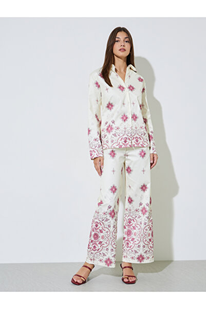 Styli Off-White Printed Shirt and Wide Leg Pants Co-ord Set
