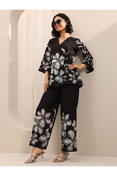 Libas By Styli Black Printed Cotton Top and Pants Co-Ords