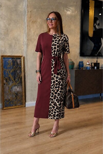 Wear Up فستان نسائي طويل من الفيسكوز بأكمام قصيرة وياقة دائرية وتفاصيل جلد ال...