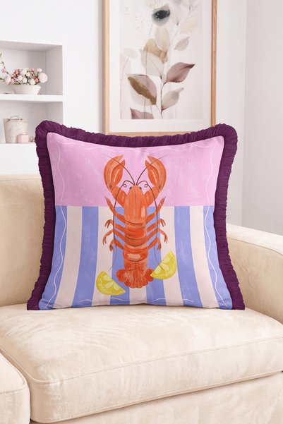 Realhomes Striped Design Fringed Throw Pillow Cover with Lobster and Lemon Slice Figures - Modern Tassel Pillowcase