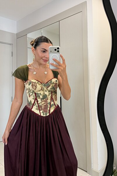 Gizem Ecemiş Lilie Haki Çiçek Desen Korse Büstiyer