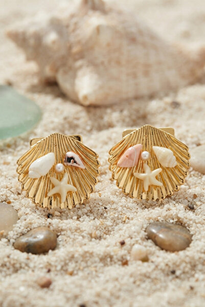 Marsilyan Gold Color Sea Shell Starfish and Pink Stone Detailed Earrings
