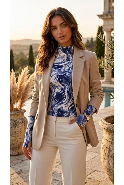 peralist Women's Navy Blue Abstract Patterned Printed Finger-Looped High-Neck Viscose Elastane Blouse