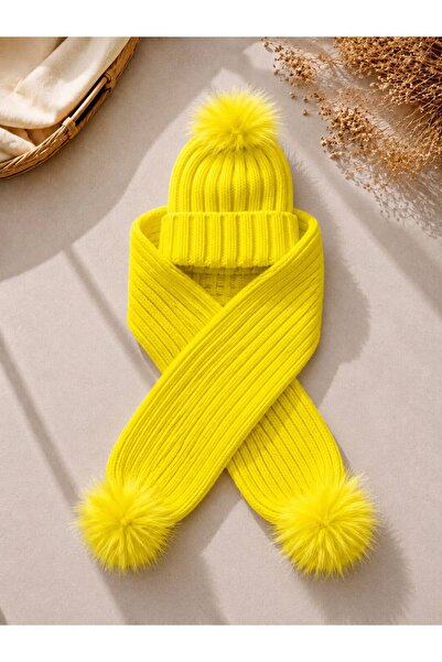 ues Sari Tek Ponpon Tricot Knitted Scarf and Beanie Set