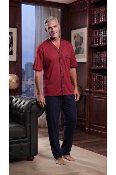KLY PİJAMA Kly 9050-1 Claret Red 100% Cotton Buttoned V-Neck Half Sleeve 2-Pi...