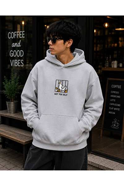 Harmandar Duck Printed Unisex Black Gray Kangaroo Pocket Hooded Sweatshirt Ho...