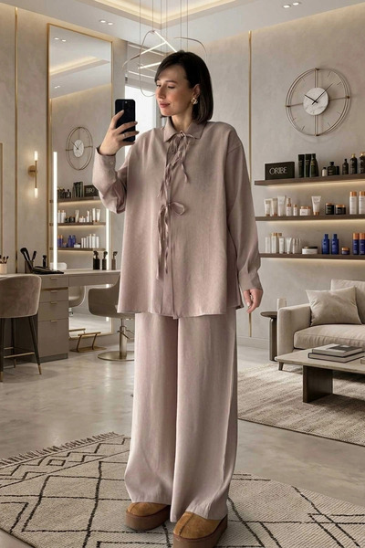 Kubos Moda Lace-Up Tencel Mink Tunic Pants Double Set