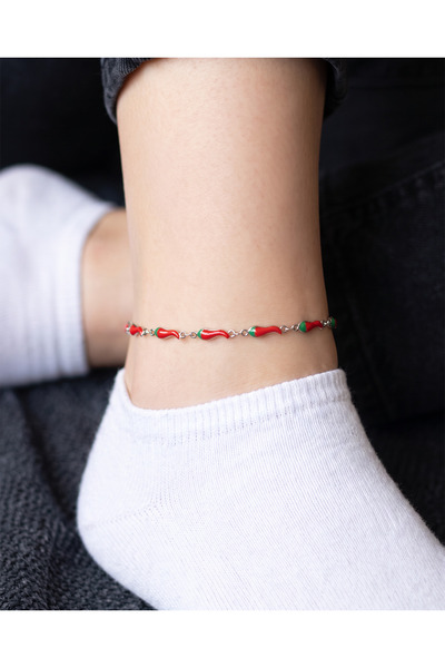 PURE BERRY Kırmızı Biber Figürlü Gümüş Renk Halhal | Minimal Şans Biberi Tasa...