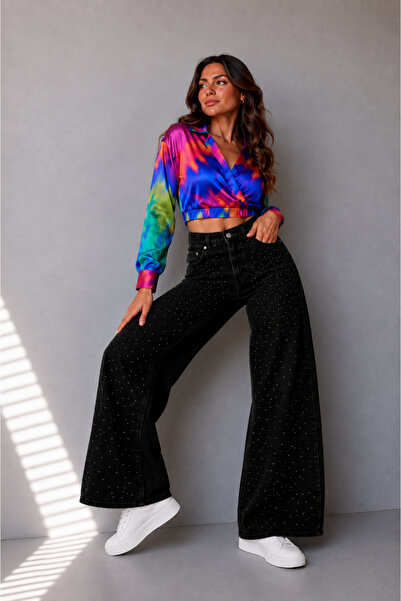 nd jeans High Waist Wide Leg Stoned Denim Trousers