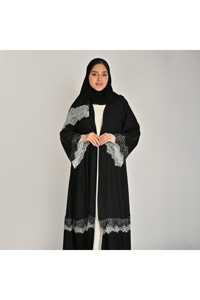 HAWRAA ABAYA عباية لف سوداء بتصميم راقي مرينة بدانتيل اسود وابيض