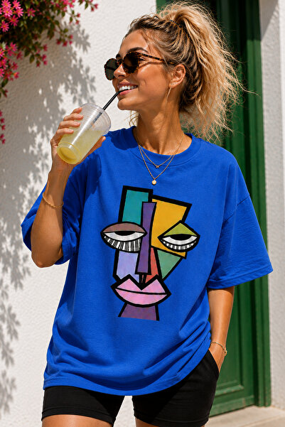 ArtYus Modern Abstract Face Print Crew Neck Casual Unisex Oversize T-Shirt - ...