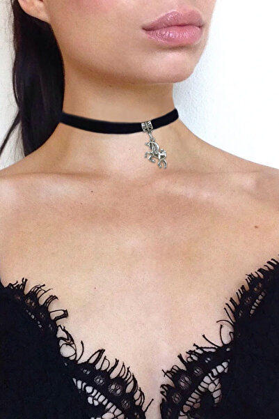 VeeShop Colier choker din catifea neagra, cu medalion Unicorn