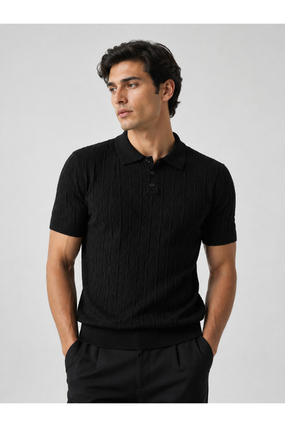 ESKAP Erkek Polo Yaka Desenli Triko Tişört Kısa Kollu Slim Fit Beyaz Yazlık Triko