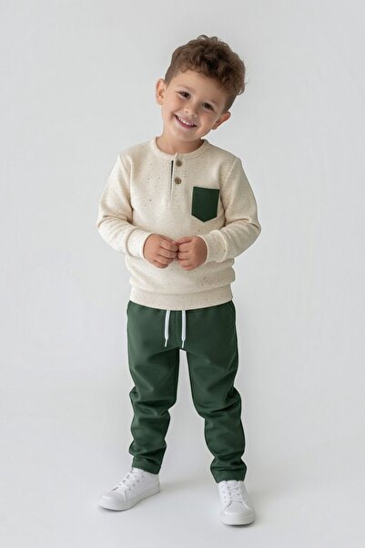 Kalyoncu Butik Collar Button Detail, Green Boy's Suit with Gray Fabric and Co...