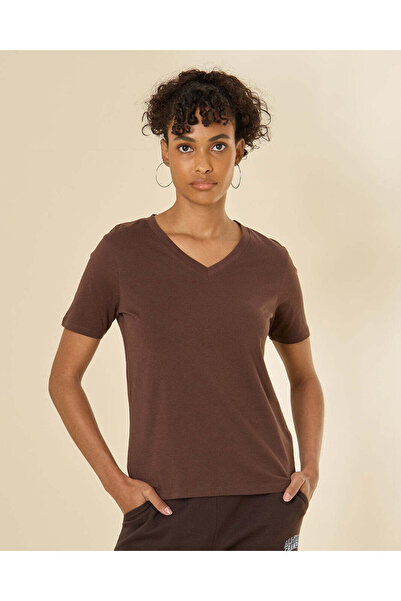 REDTAG Women Brown V-Neck T-Shirt