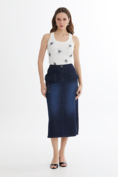 GİZİA Fiyonklu İşlemeli Denim Midi Etek