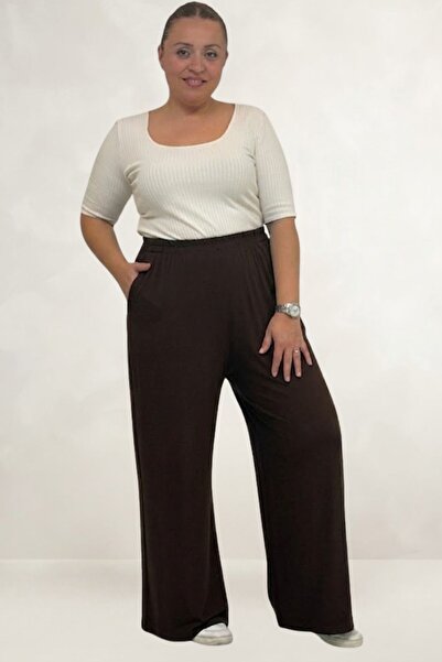 Eslina 39000 Plus Size High Waist Elastic Combed Cotton Pants - Dark Brown