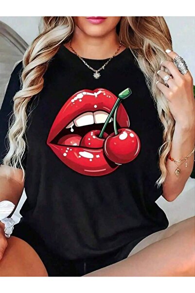23ERVA Short-Sleeved Cherry Lips Graphic T-Shirt, Women's Top, Short-Sleeved,...