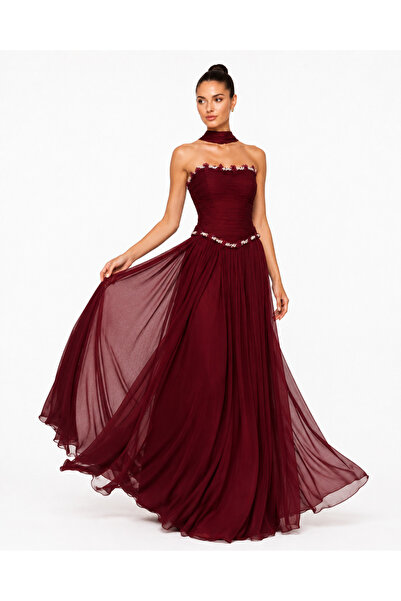 Pozdapoz Can Çapar Strapless Stone Embellished Evening Dress