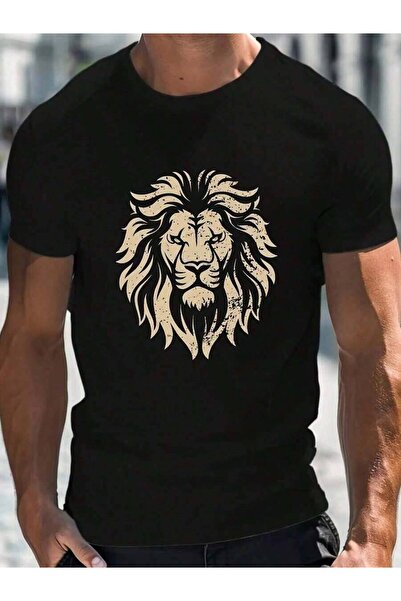 4CR Men'S Black T-Shirt With Golden Lion Graphic – Breathable Round Neck Shor...