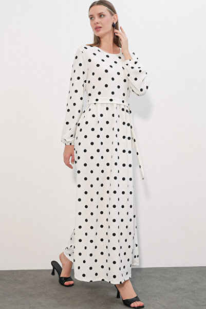 Bigdart 1525 Women's Long Knitted Polka Dot Dress - B.White